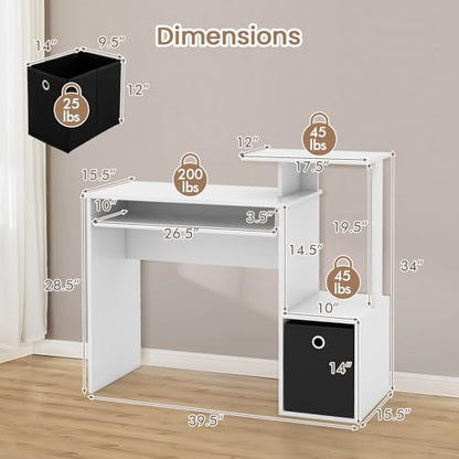 GIANTEX White Computer Desk with Drawers & Keyboard Tray, Modern Home Office Desk with Storage Shelves & Printer Stand, Laptop PC Table for Workstation, Study Writing Desk for Small Spaces, Bedroom
