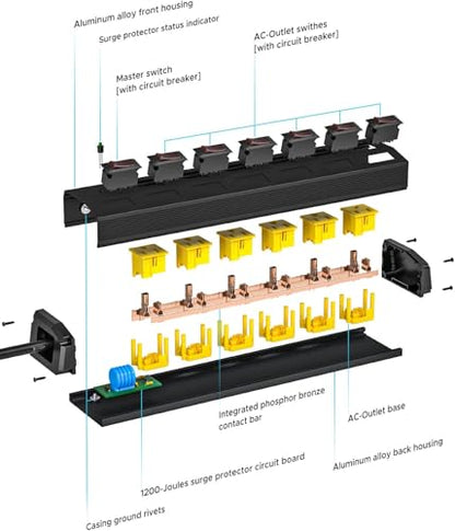 CRST 6 Outlet Metel Power Strip with Individual Switches 15A/1875W, 6FT - color: Yellow and Black, size: 6FT