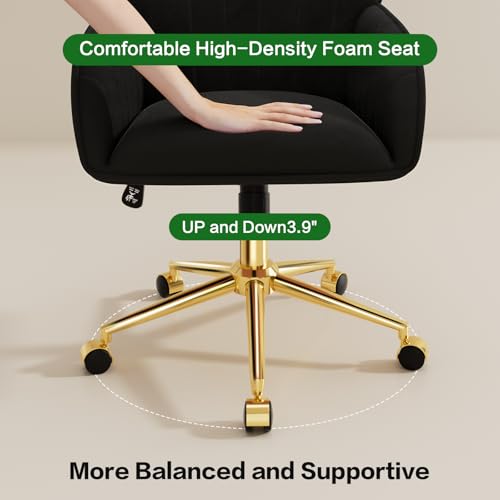 Home Office Desk Chair Comfy with Adjustable Swivel Wheels, Modern Velvet Makeup Vanity Chair with Back & Pillow, Ergonomic Office Chair Computer Task Chair for Living Room, Bedroom, Black - color: Black