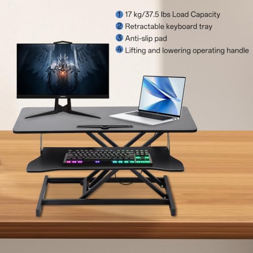 37" Desk Converter, Height Adjustable Stand Up Desk Converter, 2 Monitor Standing, Sit to Stand, Quick Sit to Tabletop, Riser Workstation with Wide Keyboard Tray - color: Black