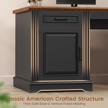 SEDETA Farmhouse Executive Desk, 62'' Home Office Desk with File Drawers, 3Drawer and Storage Cabinet, Computer Desk with Power Outlet for Home Office, Work Study Writing, Black + Walnut - color: Black + Walnut