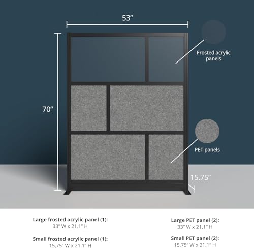 Stand Up Desk Store Expanse Modular Wall | 53'' x 70'' Wall | Expandable Partition Room Divider with Rearrangeable Frosted Acrylic & Sound Absorbent Panels (Black Frame) - size: 53" x 70"