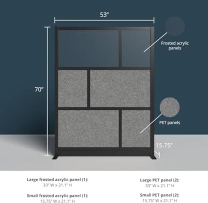 Stand Up Desk Store Expanse Modular Wall | 53'' x 70'' Wall | Expandable Partition Room Divider with Rearrangeable Frosted Acrylic & Sound Absorbent Panels (Black Frame) - size: 53" x 70"