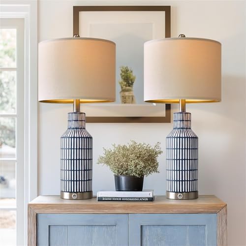 USumkky 25" Modern 3-Way Dimmable Touch Control with USB A+C Ceramic Lamps Set of 2 Table Lamp for Living Room Bedroom Farmhouse Nightstand Bedside Blue - color: Dark Blue