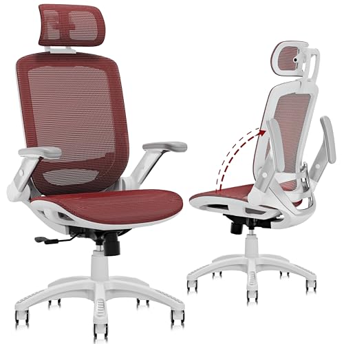 GABRYLLY Ergonomic Office Chair, High Back Home Desk Chair with 2D Flip-Up Arms, 3D Headrest, 90-120° Tilt and Wide Cushion, Big and Tall Mesh Chairs for Man Woman, Computer Task Chair Red - color: White Frame Red Mesh