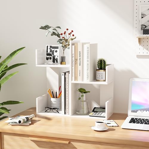 Modern 2-Tier Desk Bookshelf, Short Book Organizer, Display Shelf & Desktop Storage Rack, Space-Saving Desk Bookshelf for Books, Decor & Small Items, White - color: White