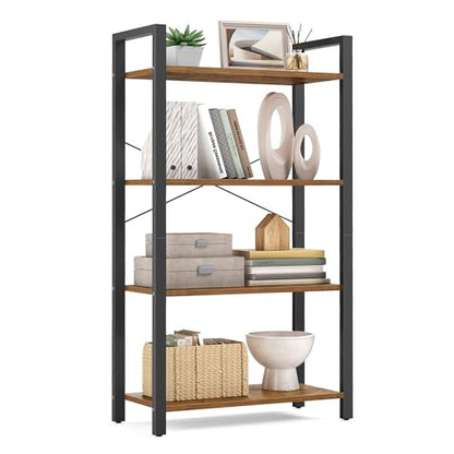 VASAGLE 4-Tier Bookshelf, Bookcase with Steel Frame, Book Shelf for Living Room, Home Office, Study, 11.8 x 26 x 47 Inches, Industrial Style, Rustic Brown and Ink Black ULLS60BX - color: Rustic Brown + Ink Black, size: 4 Tiers (11.8"D x 26"W), style: With