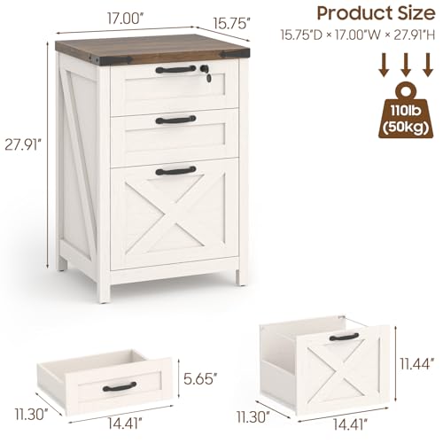 Farmhouse 3 Drawers File Cabinet with Lock for Home Office, Rustic White - color: Rustic White, size: 3 Drawers