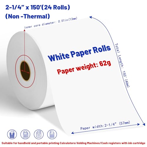 24Pcs Adding Machine Tape, 2 1/4" x 150 ft Calculator Tape Rolls | Calculator Paper Rolls for Most Printing Calculators, POS Systems & Cash Registers(Non Thermal), Adding Machine Paper - color: 24PC