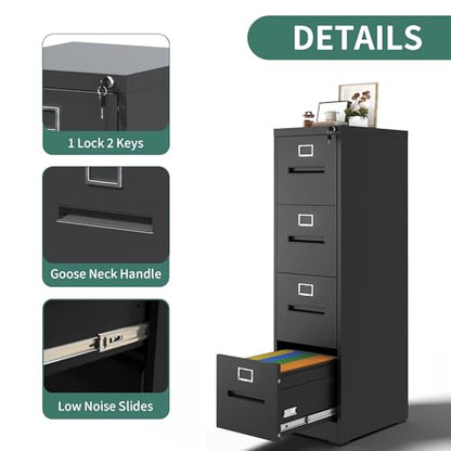 4 Drawer Vertical File Cabinet for Home Office, Metal Filing Cabinet with Lock for Legal/Letter Size Hanging File Folders, Anti-Tipping, Assembly Required (Black)