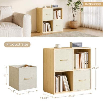EXPERLAM 4 Cube Storage Organizer - Solid Wood Bookshelf with 2 Storage Bins, Cube Shelf with 2 Removable Back Panels, Vertical or Horizontal Bookcase, Open Book Shelf for Bedroom, Living Room, Office - size: 4 Cube Shelf
