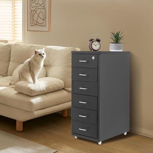 Vertical File Cabinet, 6 Drawer Black Metal File Cabinet with Lock for Office Under Desk Storage – Filing Cabinet on Wheels, Removable Multi Drawer Cabinet for Home Dresser, Black