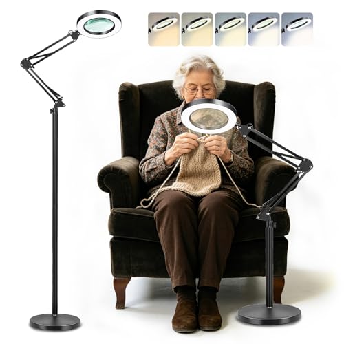 Floor Magnifying Glass with Light and Stand, Large 10X 3-in-1 Adjustable Height Lighted Magnifier, 72 LED Floor Lamp 2 Color Stepless Dimmable Arm Swing Floor Magnifying Lamp for Reading, Close Work