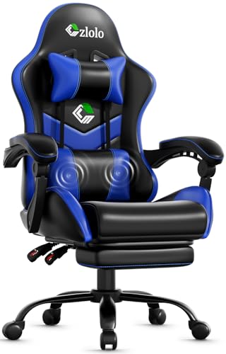 Czlolo Gaming Chair with Footrest Racing Style Lumbar Support Massager Video Game Chair with Metal Legs, High Back Gamer Chair with Headrest, 360° Swivel Office Computer Desk Chair, Navy Blue - color: Navy Blue
