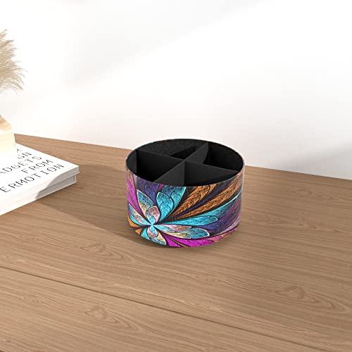 Round Leather Art Supply Organizer,Remote Control Holder,360 Degree Rotating,Multi-Functional Pencil Holder,4 Compartments Desktop Stationary Organizer(1-Fractal Flower) | Round - color: 1-Fractal Flower
