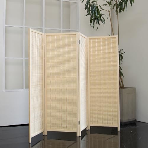 4 Panel Short Room Divider – 3.9 ft Tall Double-Side Folding Privacy Screen, Natural Beige Bamboo Partition Wall for Home Office, Living Room & Corner Spaces - color: Beige, size: 4 Panel