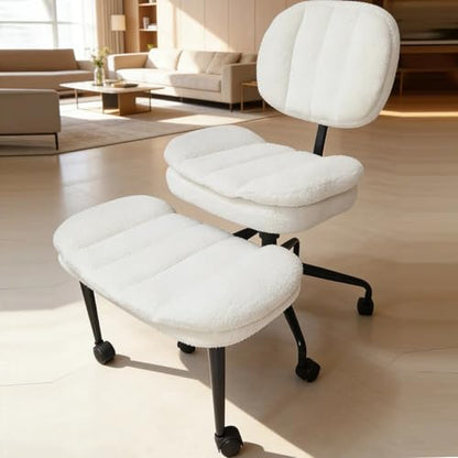 Criss Cross Chair with Footrest, 360° Swivel Faux Shearling Office Chair, Extra Wide Seat with Sofa-Like Comfort, Ergonomic Cross Legged Desk Chair for Cozy Reading, Meditation - color: Wool