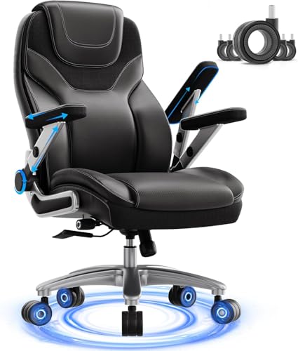 Big and Tall Office Chair with 5D Arms, Fabric & PU Leather Heavy Duty Desk Chair, Adjustable Lumbar Support & Height, Tilt Function, High Back Ergonomic Executive Computer Chair - color: Black