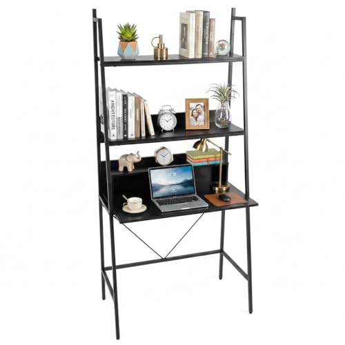 Tangkula 3-Tier Ladder Computer Desk, 71 Inch Modern Writing Desk with Storage Shelves, PC Laptop Workstation, Ladder Bookcase Stand Shelf with Metal Frame, Study Shelf Desk for Home Office (Black) - color: Black