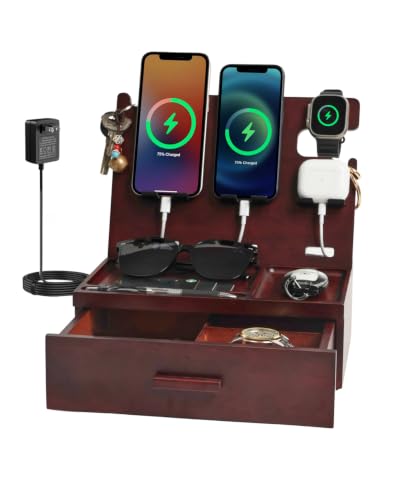 Wood Phone Docking Station with Drawer Nightstand Organizer for Men Dual Phone Charging Station for iPhone Samsung Google Desk Organizers Anniversary Birthday Gifts for Men Dad Him Husband - color: With drawer