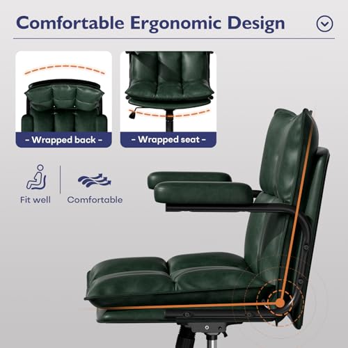 Ollega Green Petite Office Chair for Women Small to Medium Frame, Mid Century Modern Desk Chair with Arms, Soft Back&Seat, Adjustable Height, Wheels, Vintage Leather Computer Chair for Small Space