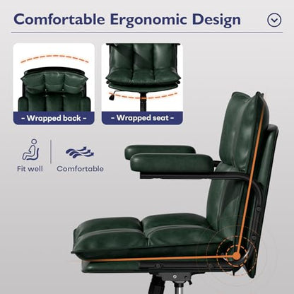 Ollega Green Petite Office Chair for Women Small to Medium Frame, Mid Century Modern Desk Chair with Arms, Soft Back&Seat, Adjustable Height, Wheels, Vintage Leather Computer Chair for Small Space