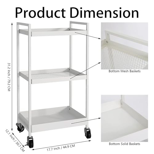 3-Tier Metal Utility Rolling Cart, Rectangular Cart with Lockable Casters, Kitchen Storage Carts Suitable for Office, Bathroom, Kitchen - White(12.1" D x 17.7" W x 31.2" H) - color: White