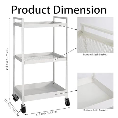 3-Tier Metal Utility Rolling Cart, Rectangular Cart with Lockable Casters, Kitchen Storage Carts Suitable for Office, Bathroom, Kitchen - White(12.1" D x 17.7" W x 31.2" H) - color: White