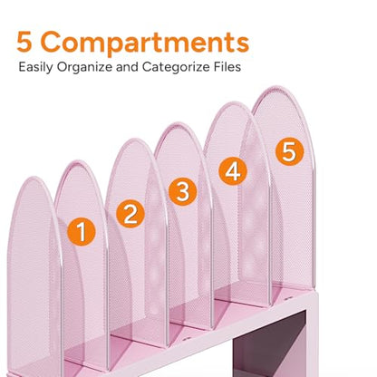 5-Section Desk File Organizer | Metal Mesh Folder Organizer for Documents, Mail & Office Papers (Pink) - color: Pink
