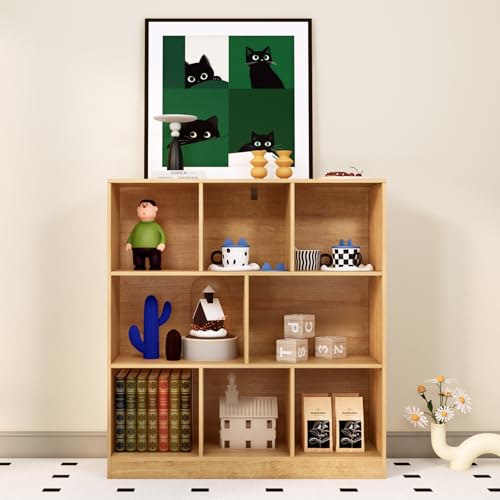 8-Cube Wooden Bookshelf with Base,3-Tier Freestanding Open Storage Organizer,Multi-Functional Bookcase for Living Room,Bedroom,Study and Office (Oak, 8-Cube) - color: Oak, size: 8-Cube