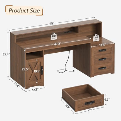 65" Farmhouse Computer Desk with Drawers and Printer Stand for Home Office - color: Brown