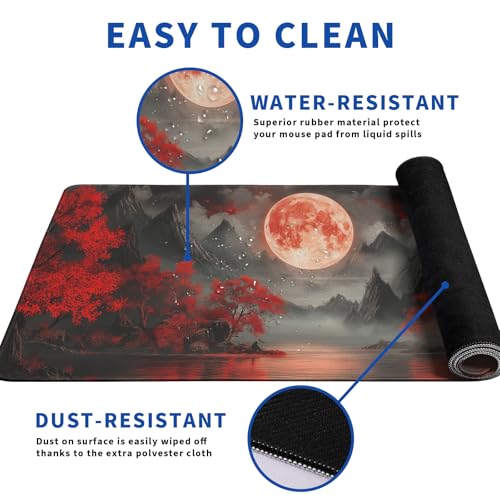 Darkness Red Moon Mouse Pad Abstract Red Mouse Pad 31.5x11.8 Inch Texture Non-Slip Rubber Base Large Mousepad Stitched Edges Keyboard Mouse Mat Desk Pad for Office and Home - color: Darkness Red Moon