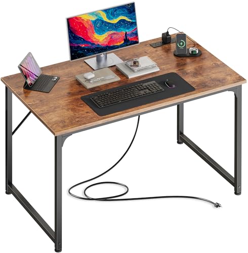 40 X 24 Inch Deeper Desk with Power Outlets | Small Computer Desk for Bedroom, Office Desk for Work from Home, Writing Study Gaming Table, Stable Metal Frame, Rustic Brown - color: Rustic Brown, size: 39.4*23.6 inch