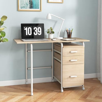 GIANTEX Folding Desk for Small Space, Rolling Home Office Desk with 3 Drawers & Lockable Universal Wheels, Mobile Study Writing Desk for Dorm Apartment Bedroom (Natural) - color: Natural
