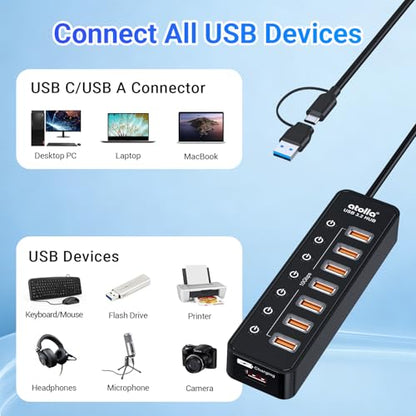 Powered USB Hub 3.2, atolla 8-Port USB 3.2/USB C Hub, Powered USB C Hub with 7 USB-A 10Gbps ports +1 Smart Charging port, Individual On/Off Switches, LEDs, 20W Power Adapter for PC/Laptop, Flash Drive - size: 8-Port USB 3.2 Hub