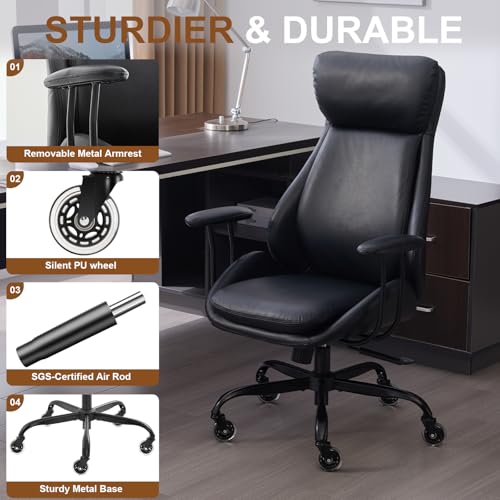 Leather Executive Office Chair, Computer Desk Chair, Black | Ergonomic, Rubber Wheels, Lumbar Support, 360° Swivel, High Back, Adjustable Height, for Modern Home Office - color: Jet Black