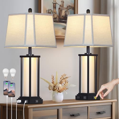 Cinkeda 27" Tall Vintage Table Lamp Set of 2 with USB C+A & Outlet,Black Industrial End Table Lamp for Living Room,Farmhouse Rustic Bedside Lamps with Bell Lampshades for Bedroom Nightstand,Black - color: Black Base-Square shades