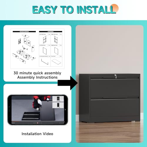 2 Drawer Lateral Metal File Cabinet, Home Office Storage Filing Cabinet with Hanging Bars & Keys, Compatible with Legal Letter A4 F4 Size Hanging Folders,Black,Require Assembly - color: Black, size: 2 Drawer-36"W