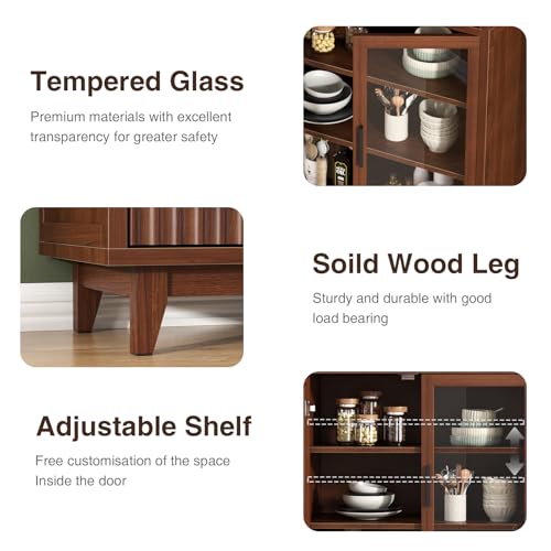 Arched Cabinet with Glass Doors, Fluted Pantry Cabinet with Solid Wood Legs - color: Walnut, size: Tall Arched - 15.7"D x 31.1"W x 70.8"H