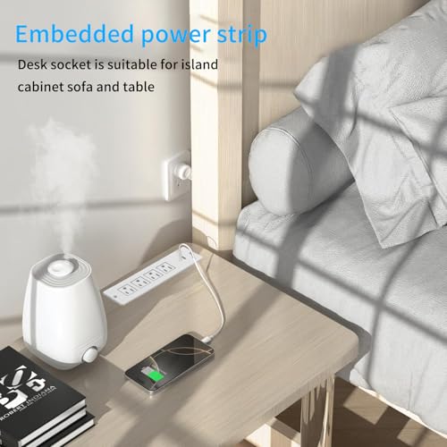 Recessed Power Strip Flush Mount Power Adapter Charging Station with USB Plug Multiple Surge Protector Hidden Outlet Extender with Extension Cord for Home Office Desk Furniture Nightstand Bed (White)