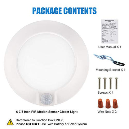 Closet Lights Motion Sensored Indoor Ceiling Mount LED- 10W 3000K Closet Stair Porch Ceiling Pantry Motion Activated Light, 6-7/8 Inch 90CRI 600lm Hardwire to Junction Box, No Battery, Damp Rated ETL - color: 3000K Warm White