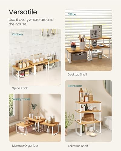 SONGMICS Cabinet Organizer Shelf, Set of 3 Spice Rack, Kitchen Storage | Kitchen Counter Shelves, Kitchen Storage, Spice Rack, Light Bamboo and Matte White, BYSTRO Collection UKCS014W01 - color: Cloud White + Natural Beige