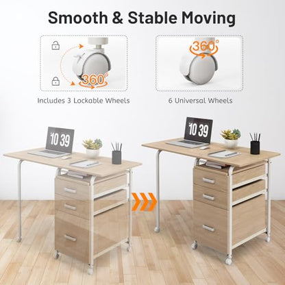 GIANTEX Folding Desk for Small Space, Rolling Home Office Desk with 3 Drawers & Lockable Universal Wheels, Mobile Study Writing Desk for Dorm Apartment Bedroom (Natural) - color: Natural