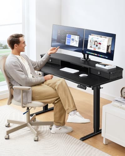 HUANUO 48″ x 28″ Electric Standing Desk with 2 Drawers, C-Clamp Mount Compatible, Height Adjustable Computer Desk, Home Office Stand Up Desk with 4 Preset Heights & 2 Hooks, Black - color: Black, size: 48" X 28"