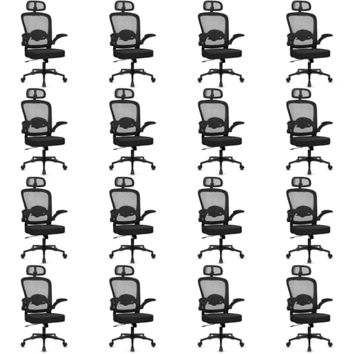 KLASIKA Desk Chairs with Wheels, Ergonomic Mesh Back Home Office Chair with Headrest, Adjustable Lumbar Support Swivel Rolling Computer Chairs Flip Up Arms for Conference Meeting Room, Black, 16PK - color: Black_villy_headrest, size: 16PK