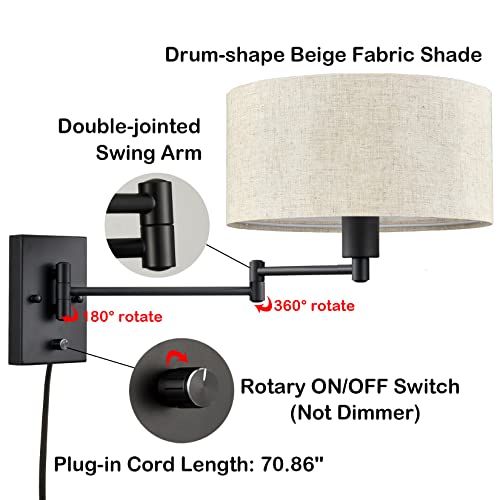 SAMTEEN Plug in Wall Sconce Swing Arm Wall Lamp with Linen Drum Shade | Modern Farmhouse Black Sconces Lighting with ON/OFF Switch Plug Cord, Beige Fabric Shade Wall Lamps for Bedroom Living Room