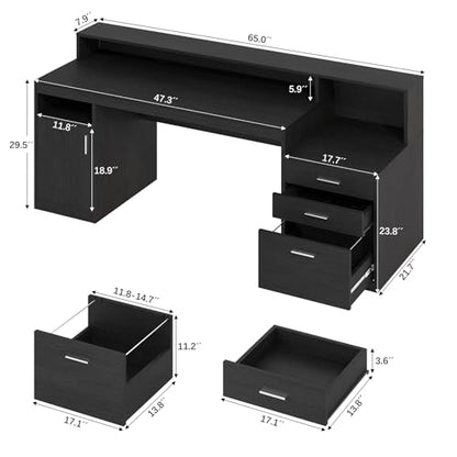 65" Black Computer Desk with 3 Drawers & Printer Shelf for Home Office - color: Black