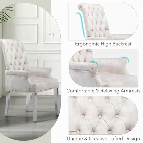 LOULENS Velvet Dining Chairs Set of 2, Dining Chairs with Arms, Beige | Upholstered, High Back, Tufted, Luxurious, Stainless Steel Leg, for Kitchen & Dining Room - color: Beige, size: 2 PCS