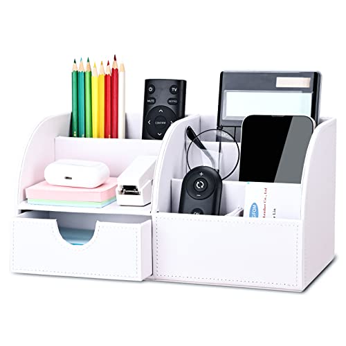 Pu Leather Desk Organizer Pen Pencil Holder Office Supplies Caddy Storage Box 6 Compartments with Drawer White (Full Pu Leather) - color: White