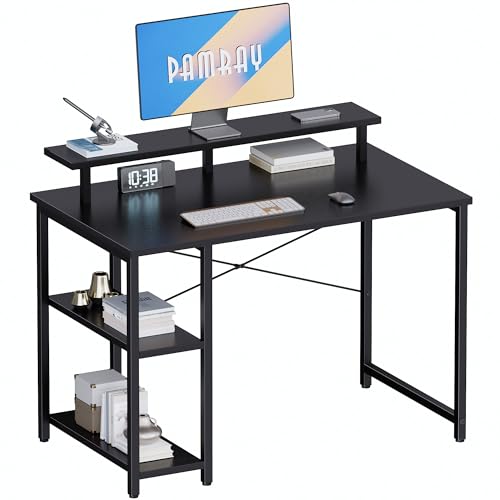 Pamray 33.5 Inch Small Computer Desk with Monitor Stand and Shelves | Sturdy, Space-Saving, Easy Assembly, Suitable for Bedroom, Office, Apartment and Dorm, Used for Writing and Studying - color: Black